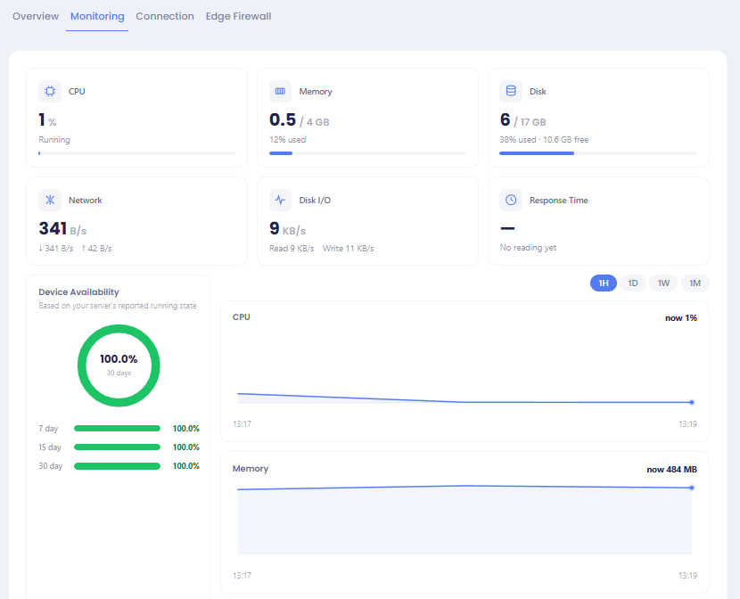 The GT Networks VPS monitoring dashboard showing live CPU, memory, disk and network usage with device availability