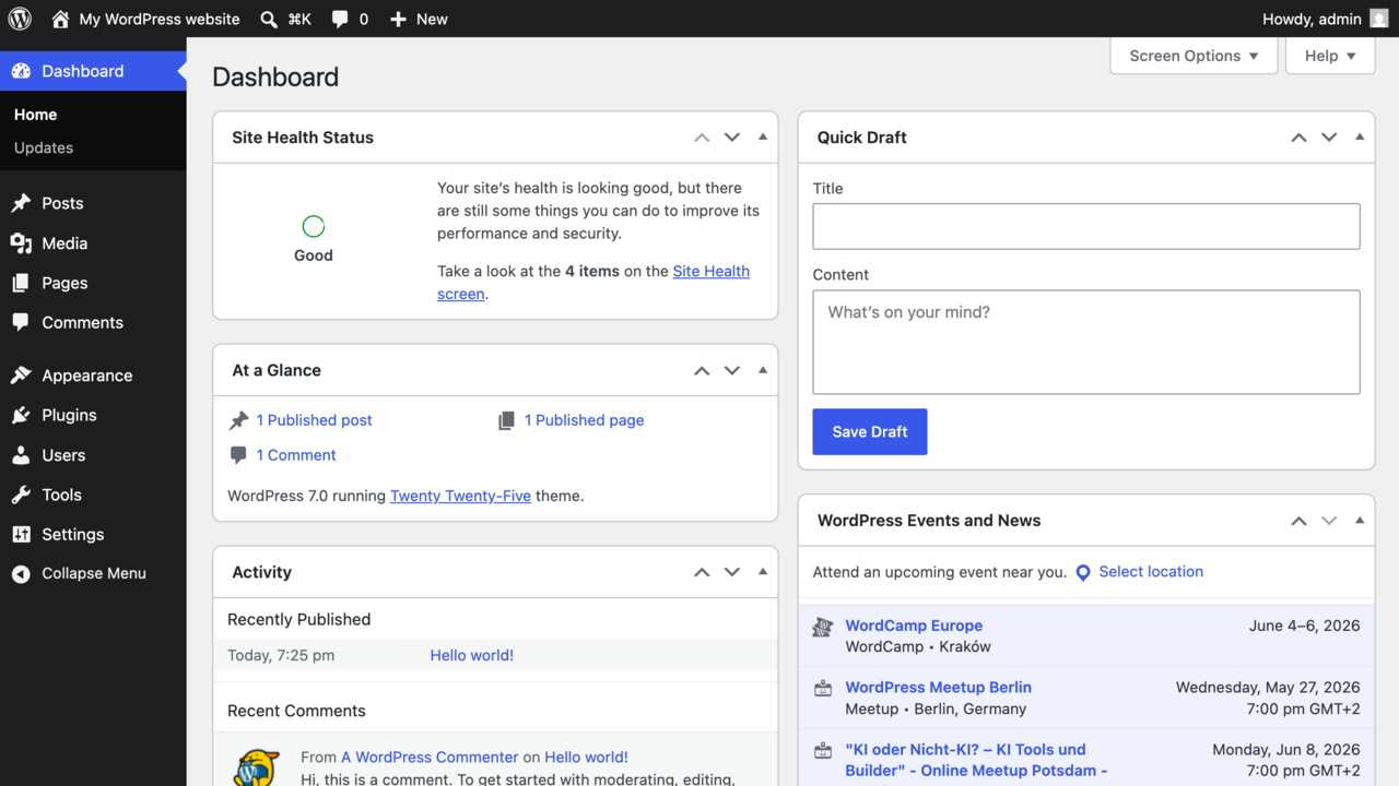 The WordPress admin dashboard showing site health, at a glance, activity and quick draft